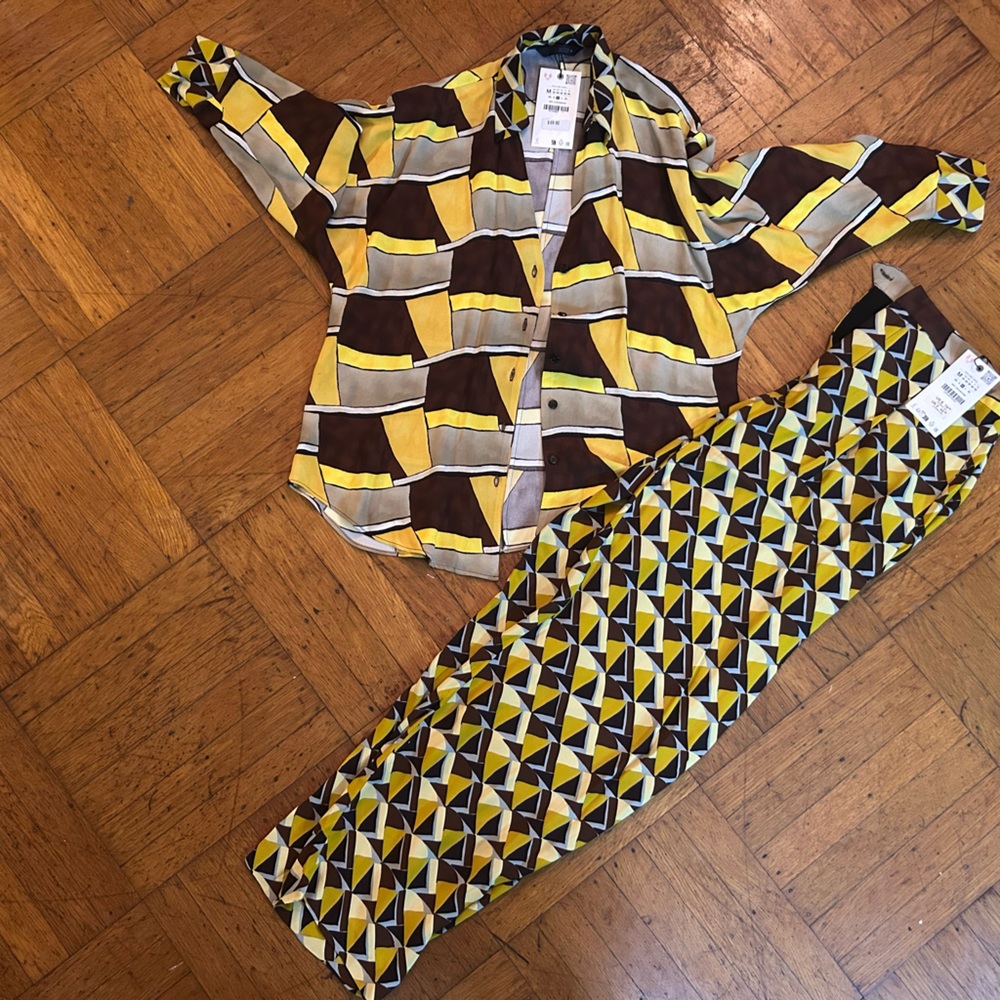 Zara Yellow and Brown Geometric  2 piece pants set